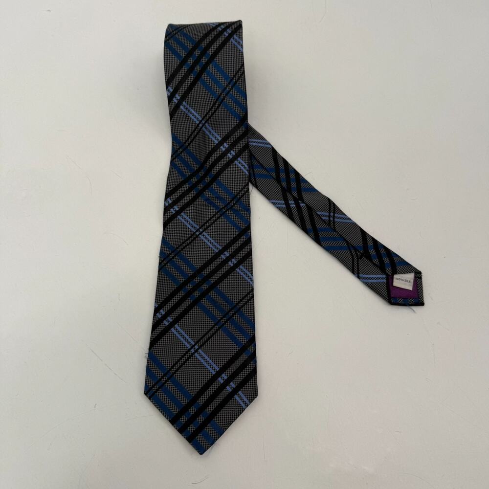Burma Bibas Silk Necktie Mens 61" X 3 1/4" Black Blue Plaid Classic